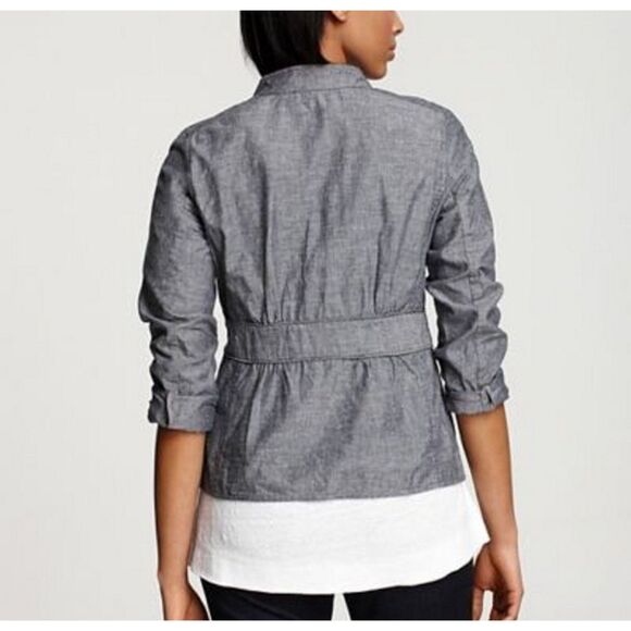 NWT Eileen Fisher Chambray Blue Gray Peplum Stand Collar Jacket Size Medium - Picture 2 of 11